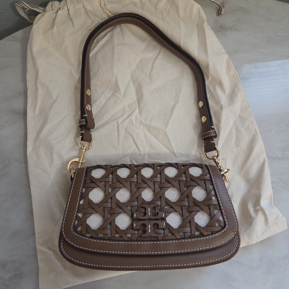 Tory Burch Britten Basket Weave Convertible Shoulder Bag Crossbody In Moose